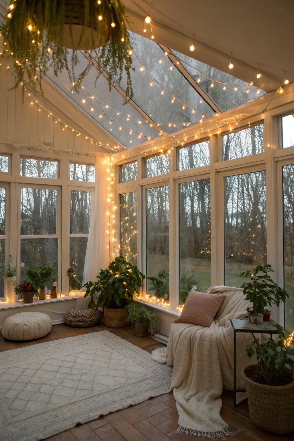 Twinkling lights introduce an enchanting element to your sun parlor.