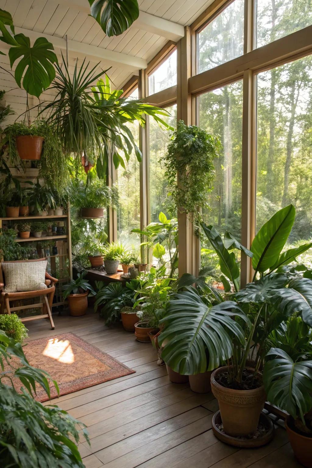 A sunroom converted into a vibrant indoor garden sanctuary.