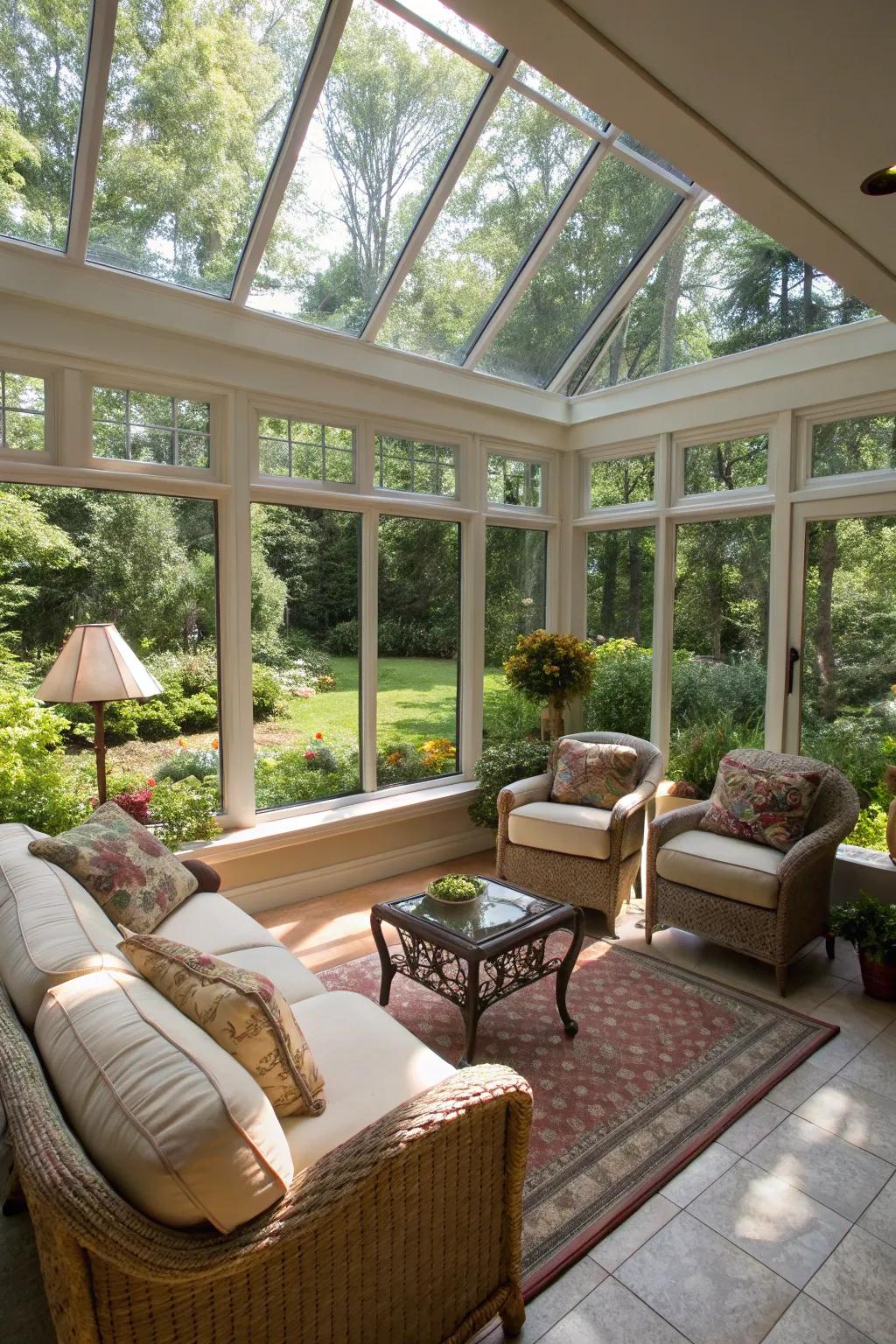 Expansive windows in a sunroom blur the lines between indoor space and outdoor garden.