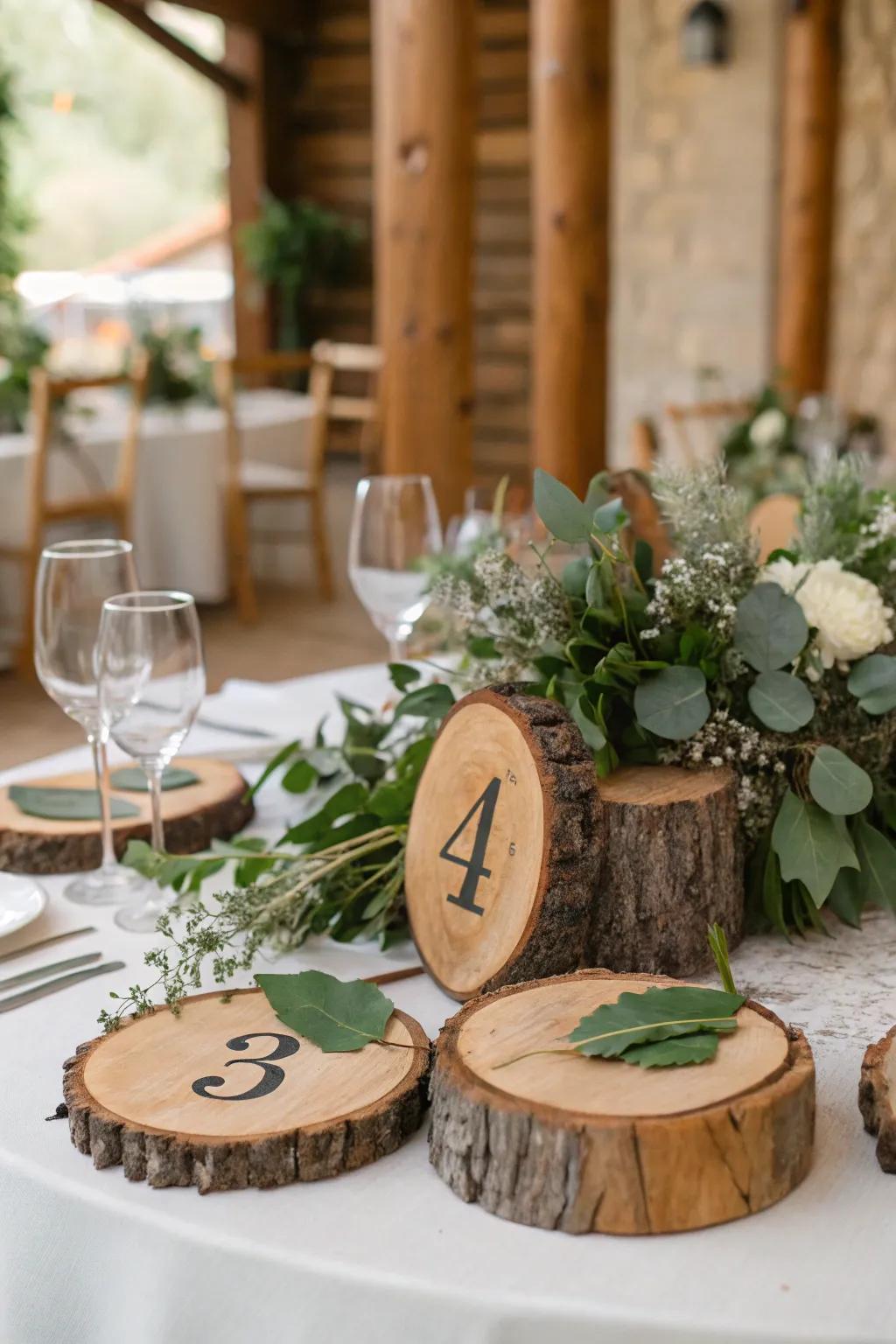 Natural timber rounds infuse charm into any countryside-inspired occasion.