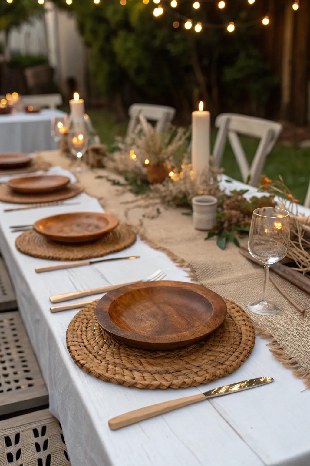 A countryside-inspired dining table showcases raw wooden elements and burlap accents.