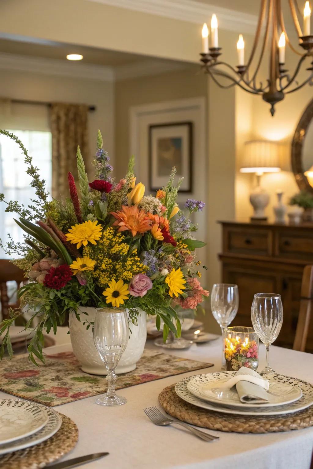 A table adorned with blooms, showcasing radiant wildflowers as its core attraction.