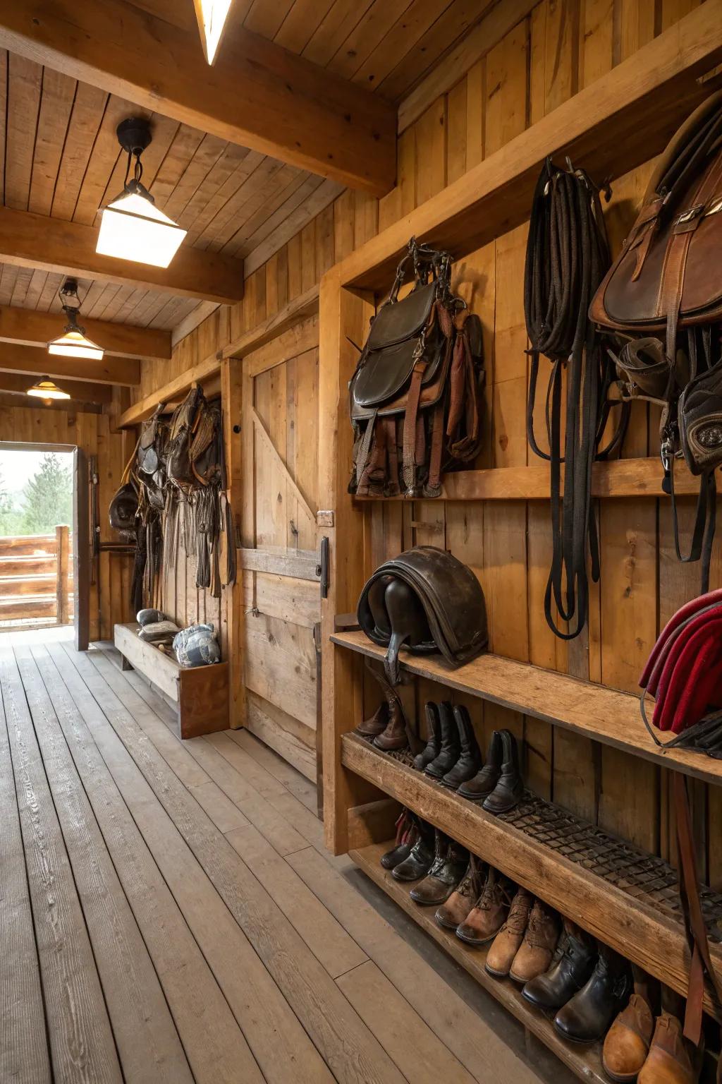 A country-style tack room showcasing repurposed timber features.