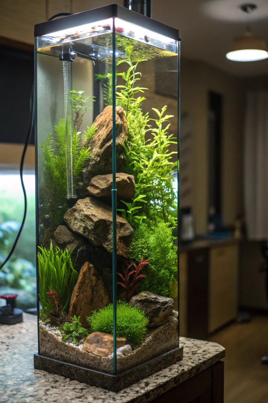 A towering aquarium morphed into a verdant vertical haven.