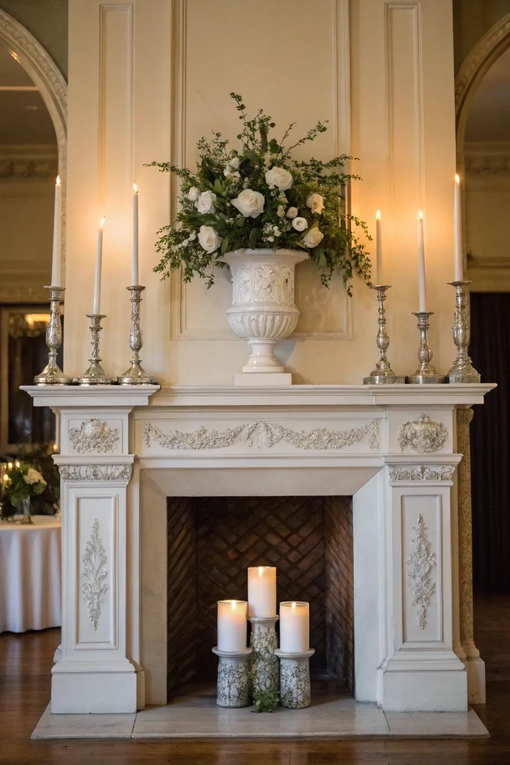 Symmetrical decorations displayed on a high mantel, featuring complementary amphorae and illuminants for an aesthetic balance.