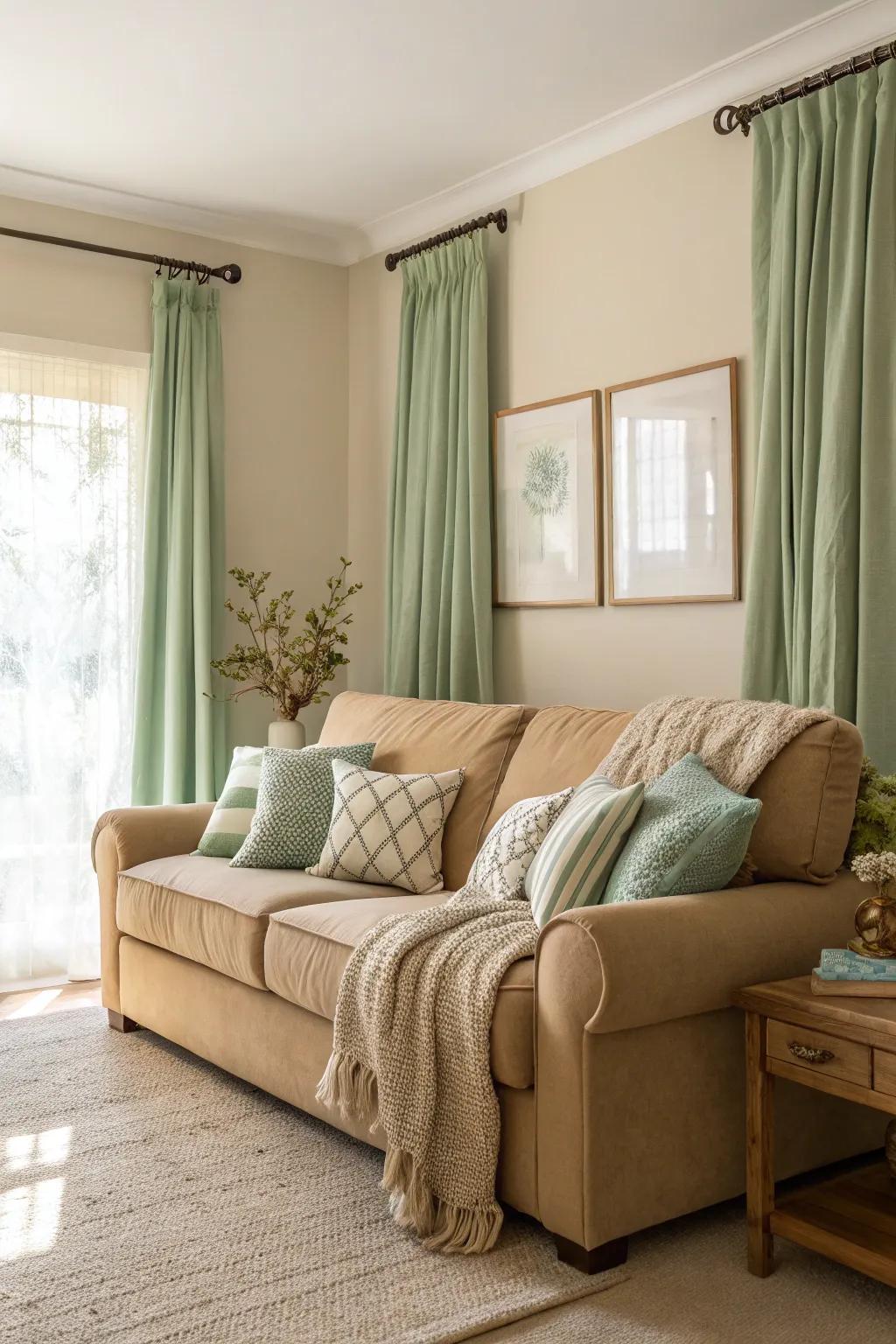 Natural tones combined with a beige sofa create a soothing and peaceful setting.