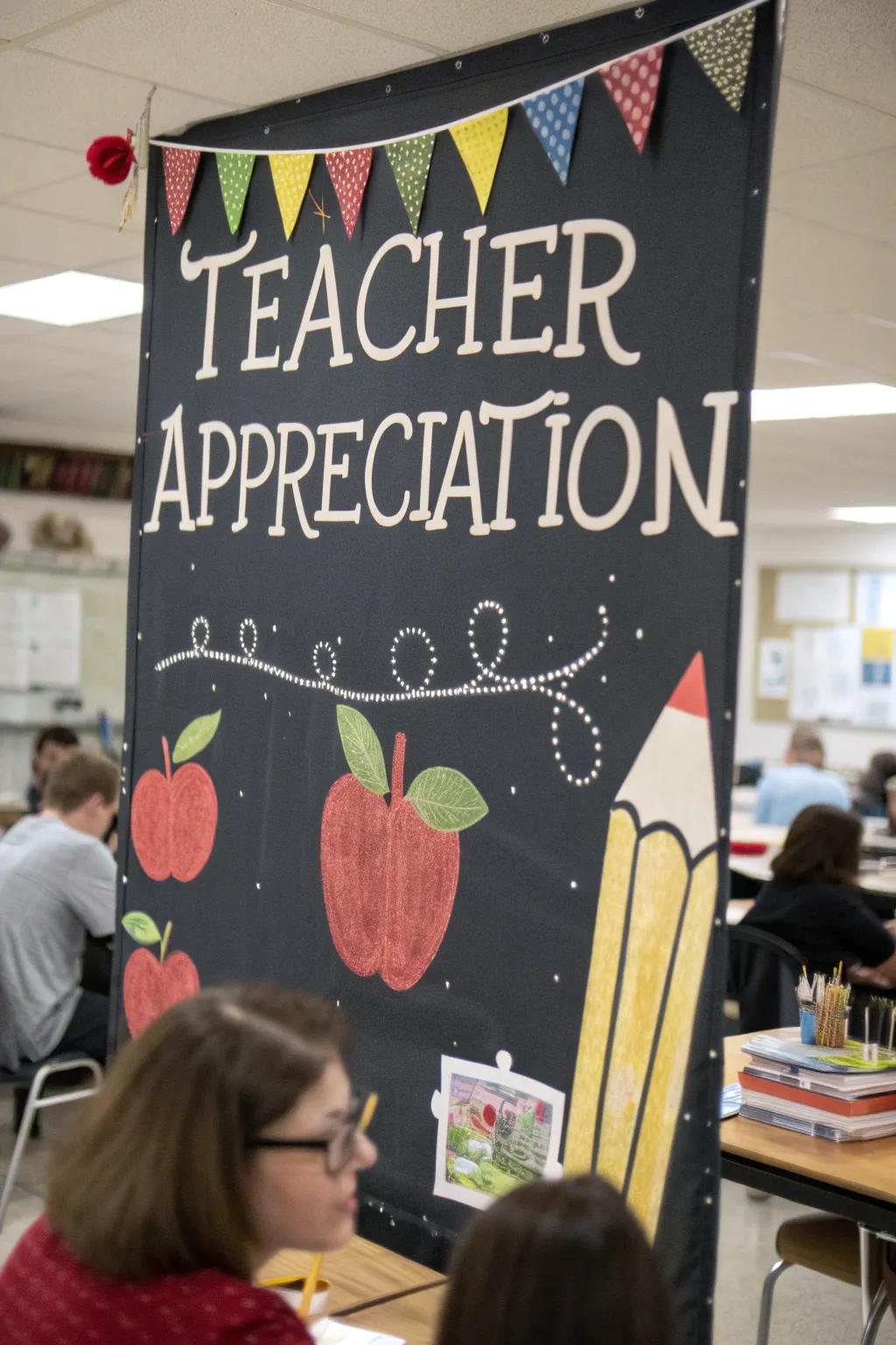 A timeless writing board-style streamer featuring fruit and writing utensil decorations in a learning space.
