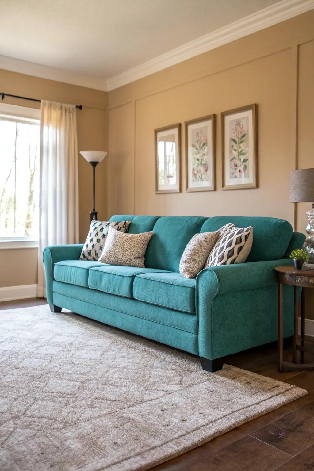 An inviting, understated scheme gracefully tempers the striking nature of a cobalt settee.