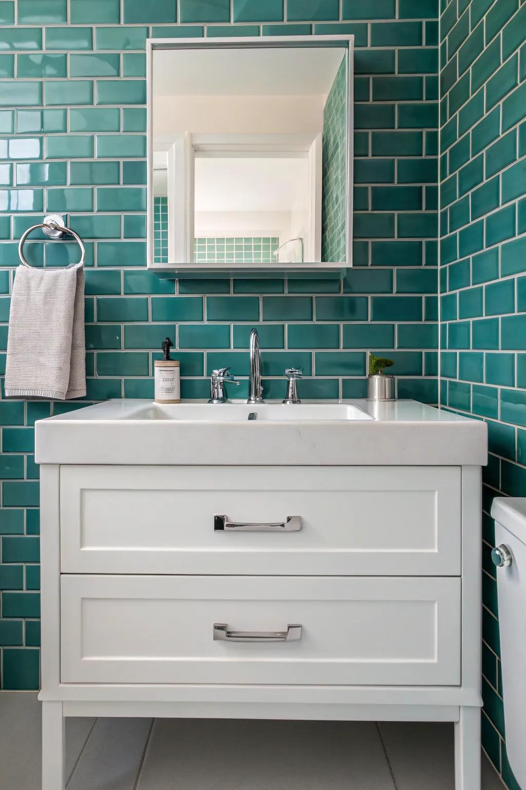 Turquoise ceramic planks deliver a modern feel to an enduring bathroom design.