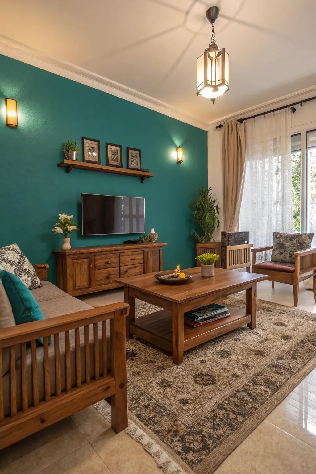 A living room featuring a turquoise accent wall, complemented by wooden furniture.