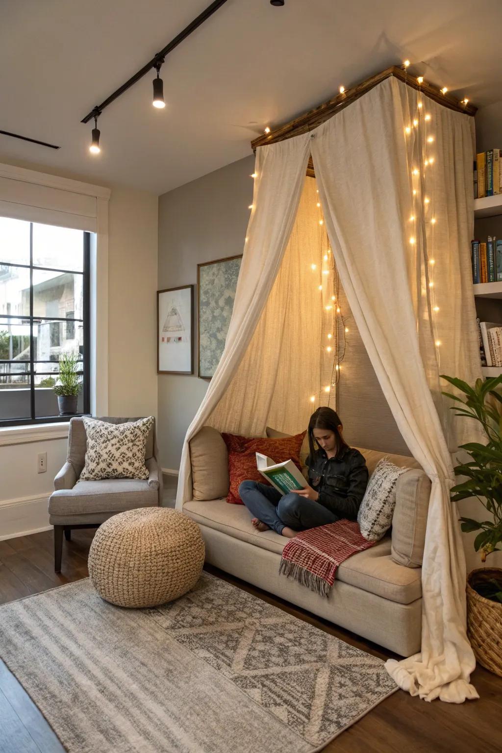 Textile panels craft an intimate reading space in a contemporary living room.