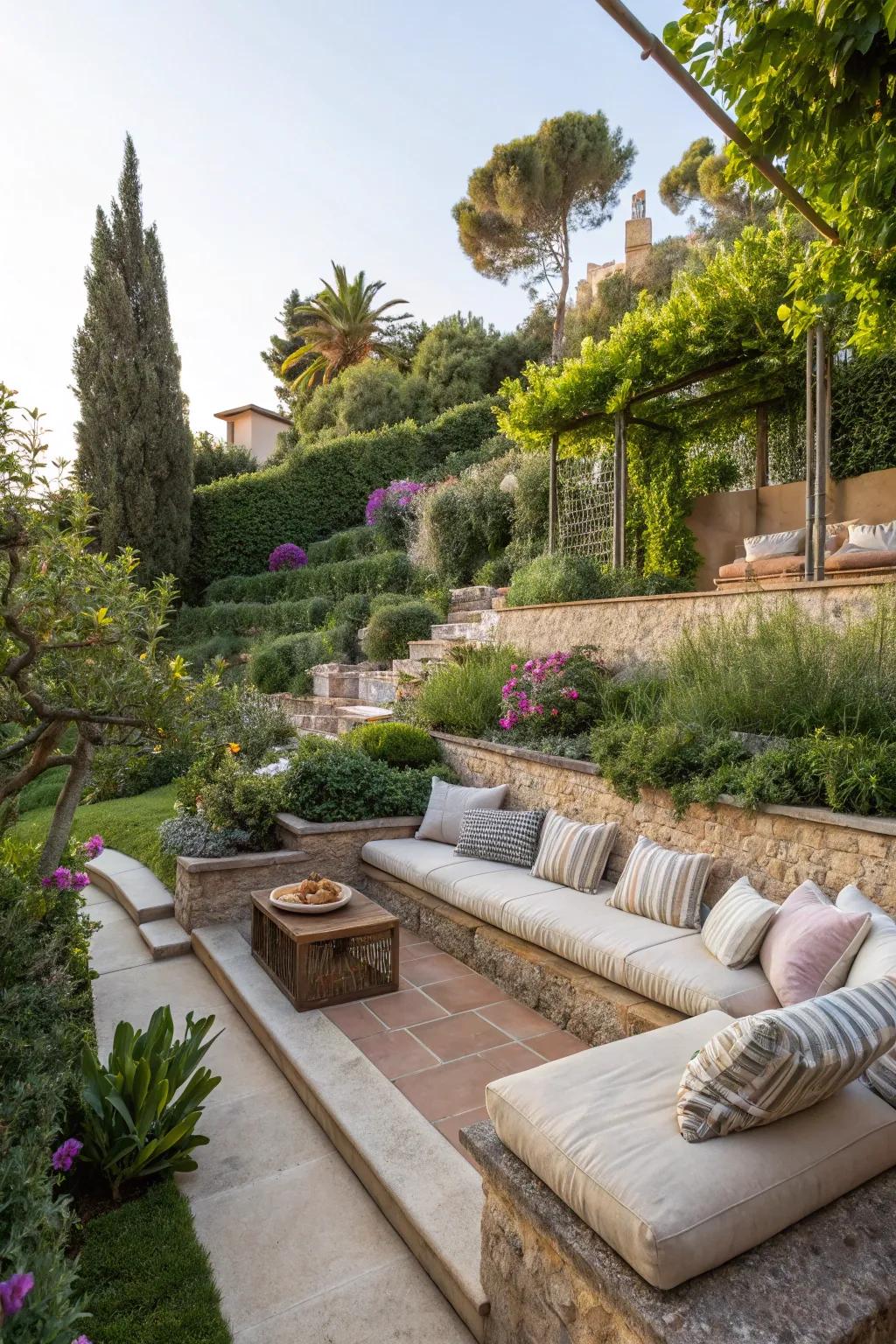 A layered garden showcasing a welcoming lounge space with deluxe pillows, perfect for unwinding.