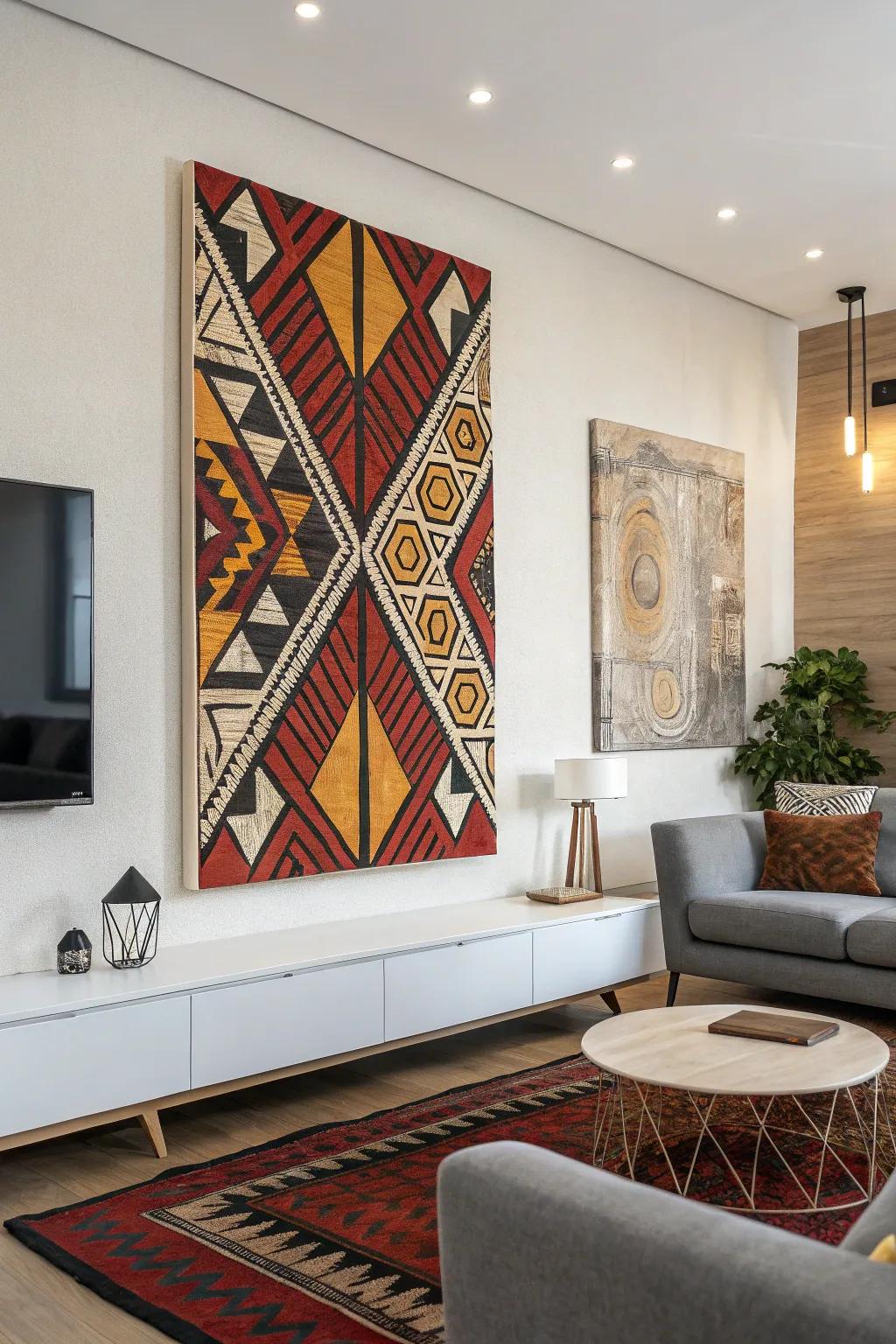 An eye-catching geometric textured art piece gives a contemporary feel to this chic living space.