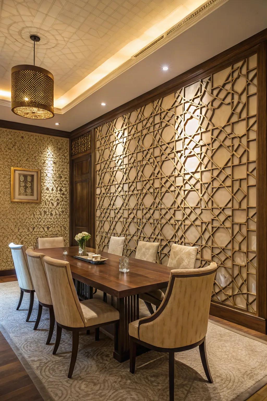 A dining room showcased with an eye-catching geometric pattern textured wall.