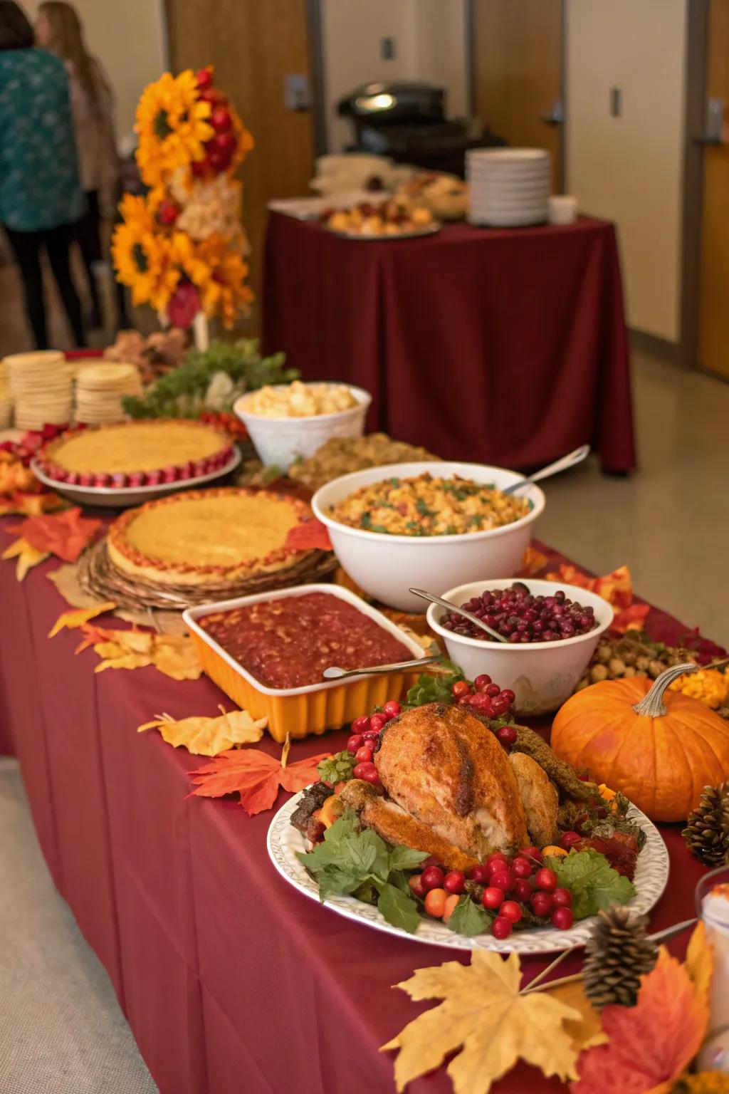A Thanksgiving buffet is elegantly adorned with a palette of rich autumnal colors.