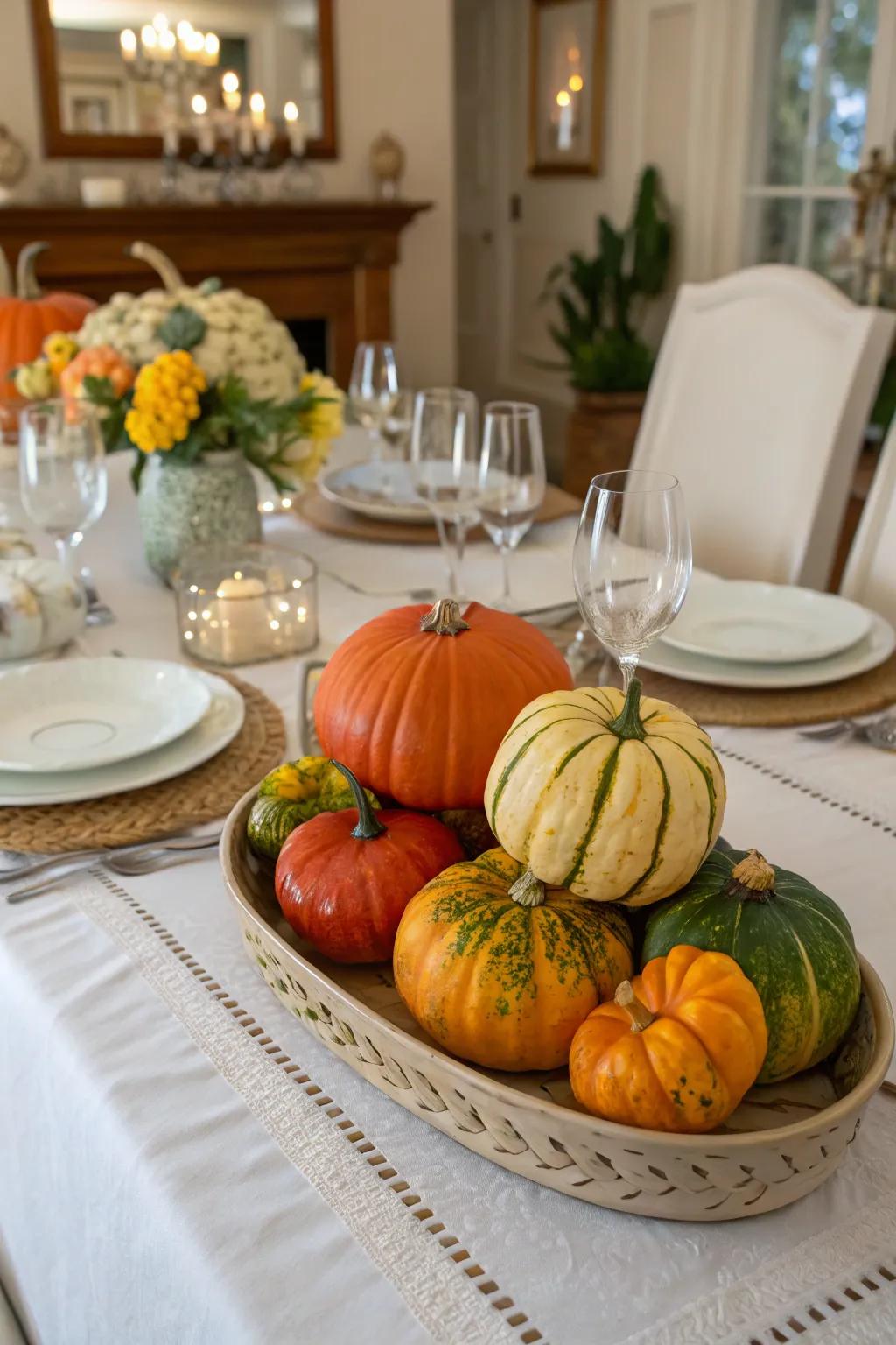 A harmonious blend of ivory and tangerine gourds culminates in a refined centerpiece.