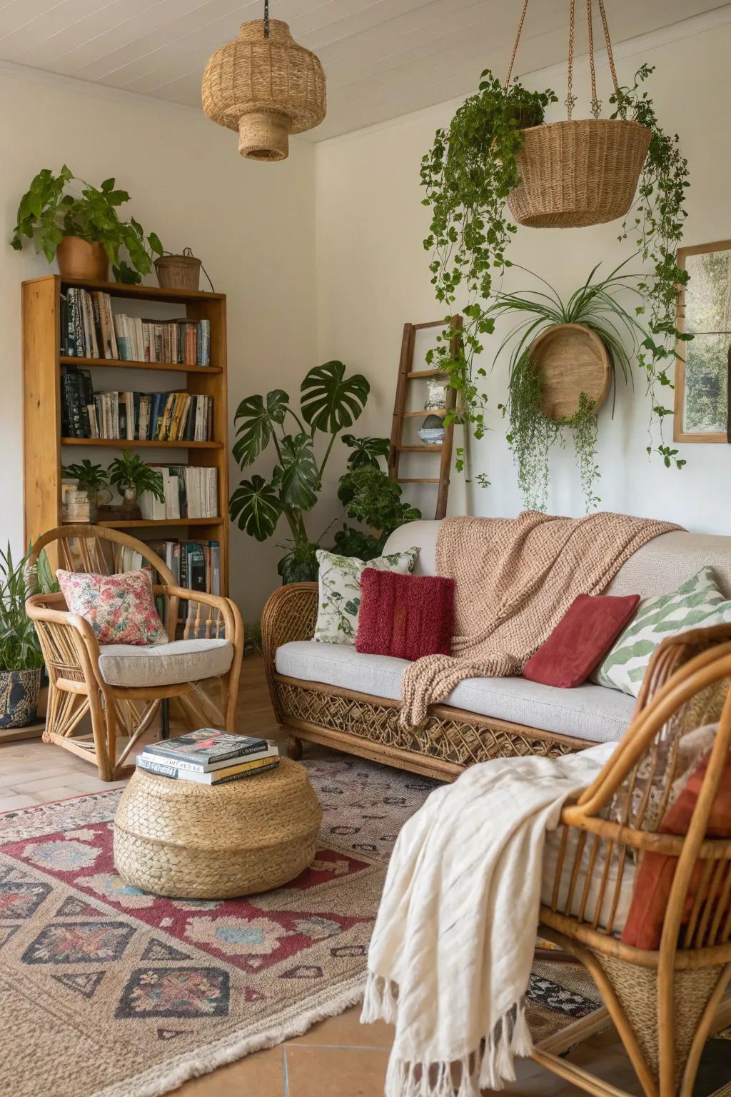 Bohemian-style lounge featuring abundant textiles and natural accents.