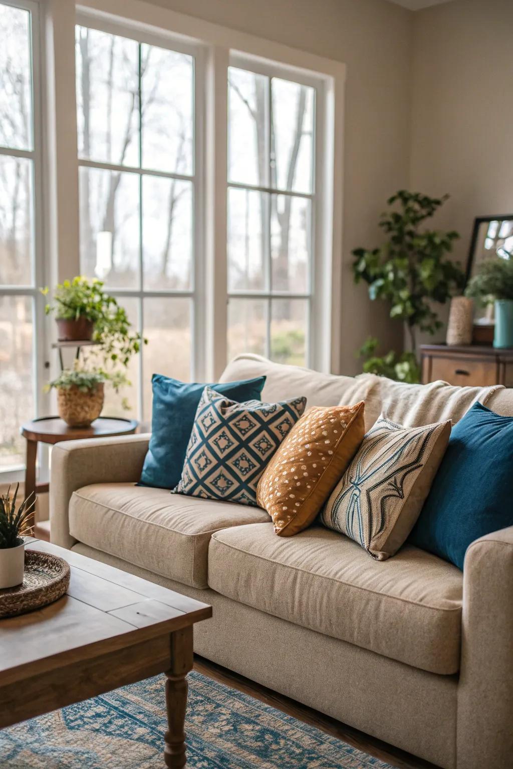 A seamless arrangement of azure, subtle, and natural-toned cushions elevating the room's appeal.