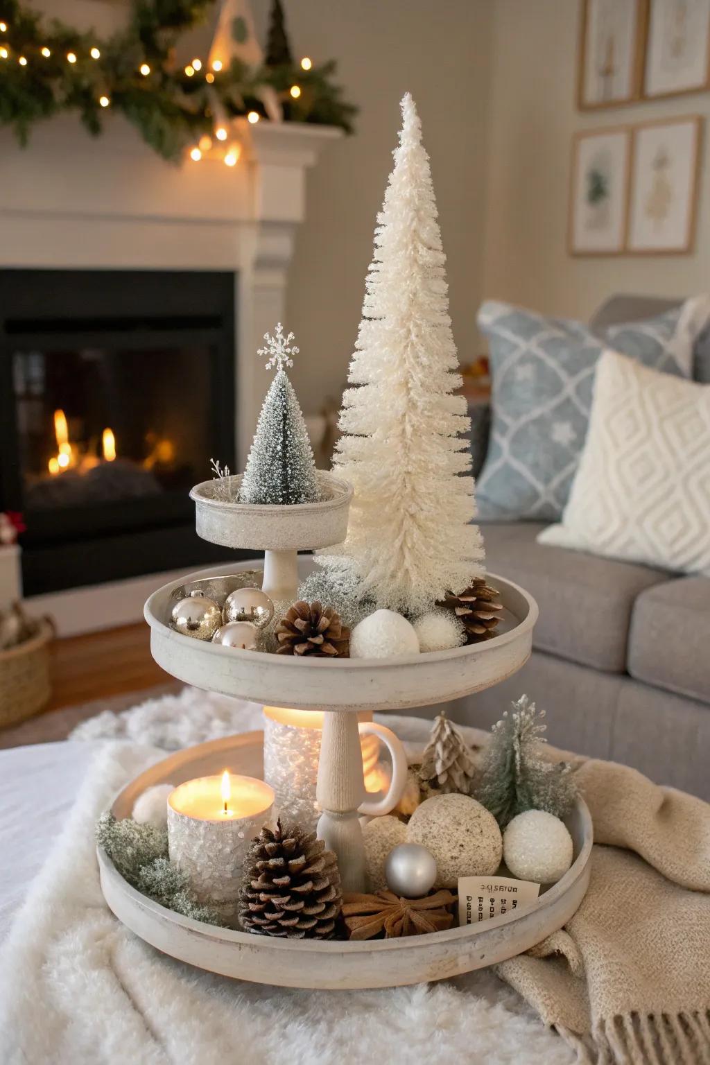 A gorgeously arranged frost-inspired tiered display, radiating warmth in the family room.