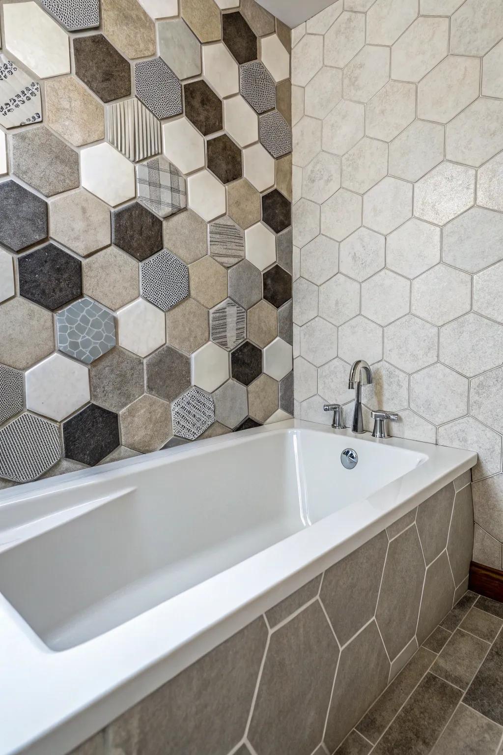 Hexagonal tiles offer a contemporary geometric flair to any bathtub zone.