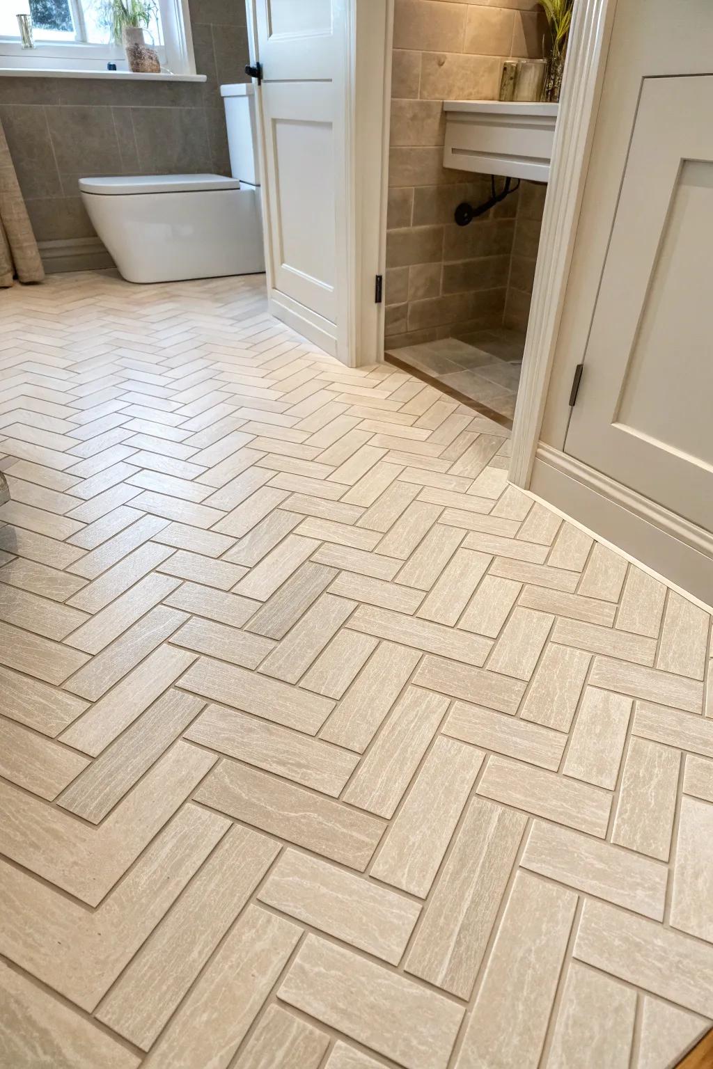 A timeless herringbone design imparts enduring sophistication to the flooring of this washroom.