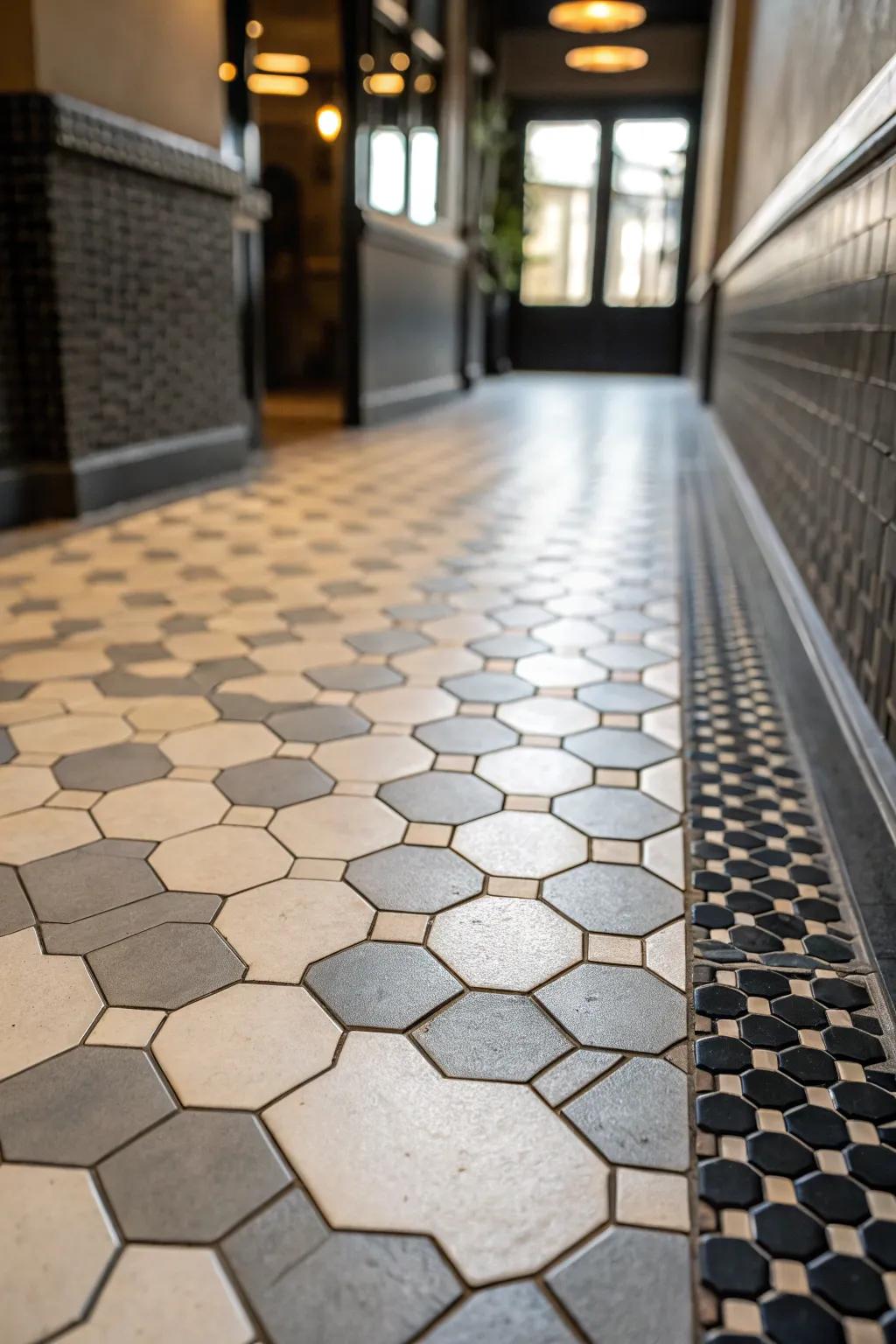 Six-sided tiles establish an enthralling conversion in this contemporary space. <strong><em>Pure sophistication!</em></strong>” loading=”lazy” class=”pimg”>
	</picture><figcaption>Six-sided tiles establish an enthralling conversion in this contemporary space. <strong><em>Pure sophistication!</em></strong></figcaption></figure>
<p>Hexagonal tiles can be arranged to create a mesmerizing and unique transition that’s both captivating and refined. I’ve experimented with hexagons to merge areas in my projects, resulting in a smooth flow reminiscent of natural forms. <strong><em>It’s like watching the space evolve</em></strong>.</p>
<h3>These products might help:</h3>
<ul class=