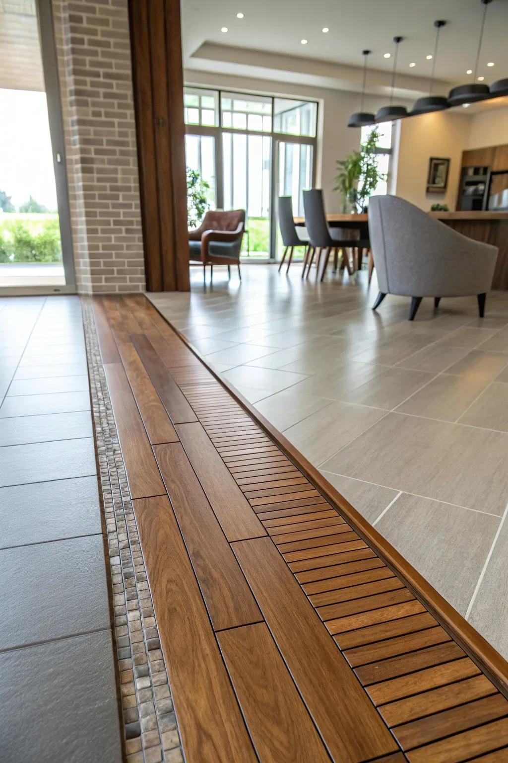 A wooden transition strip smoothly merges tile and hardwood floors.