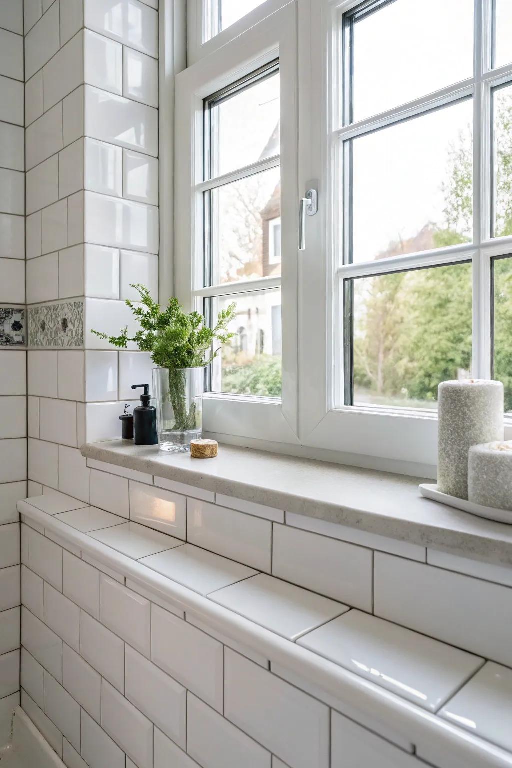 Ageless white ceramic tiles bring an enduring sophistication to this bathroom window sill.