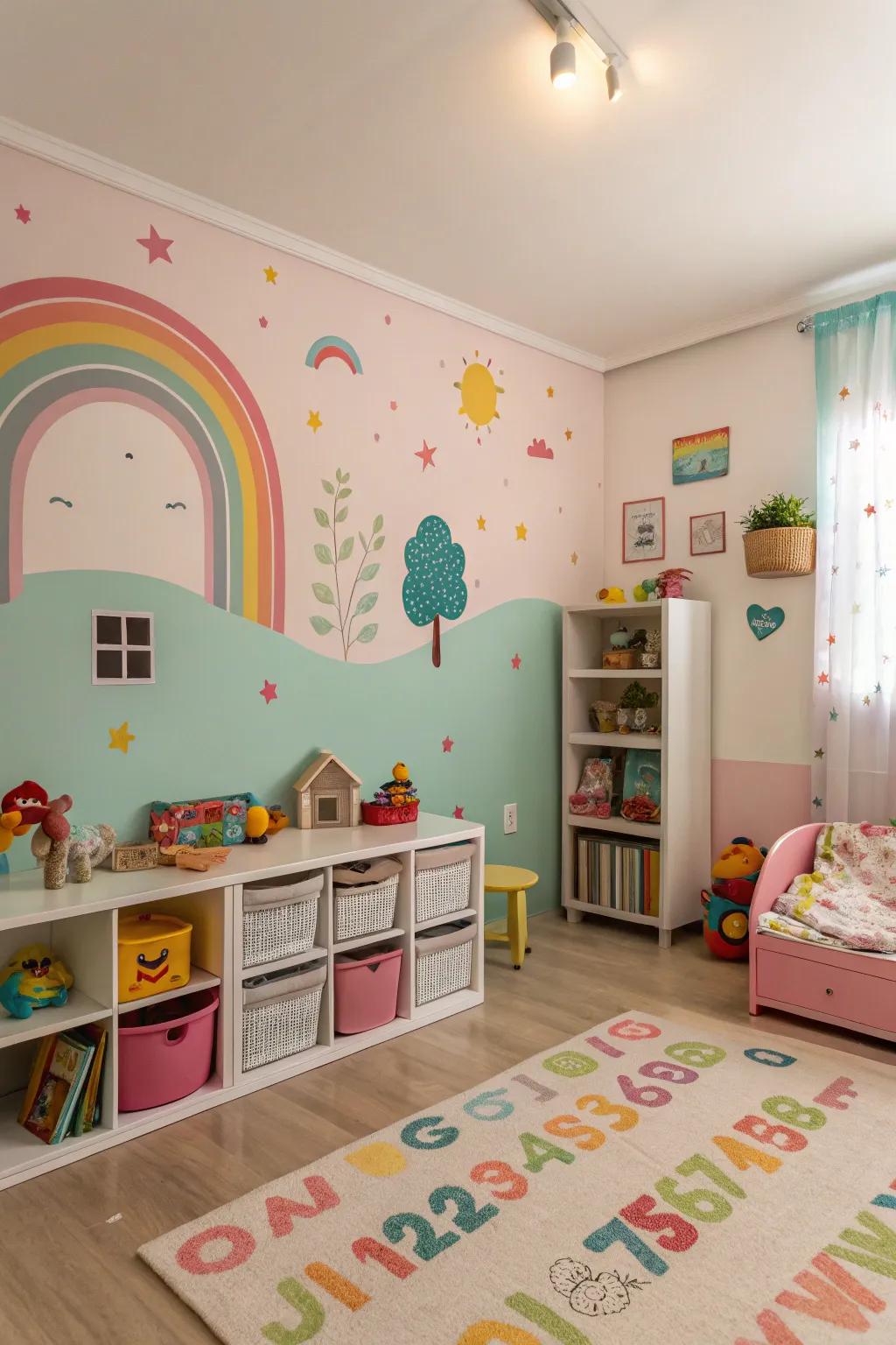 A spirited chamber featuring an impeccable fusion of dynamic and soft wall shades.