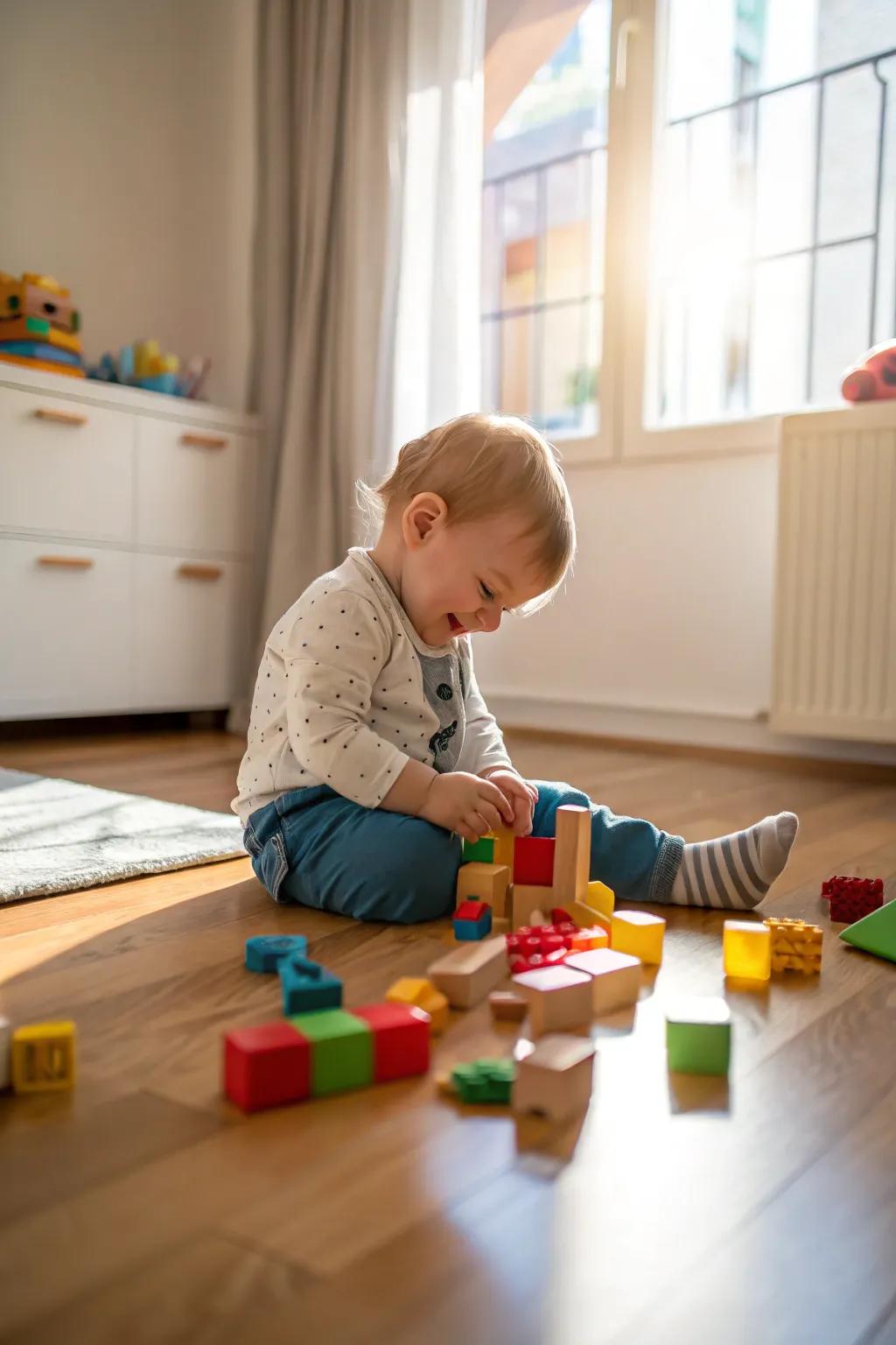 A toddler deeply focused on stacking vibrant pieces, sparking creativity and joy.