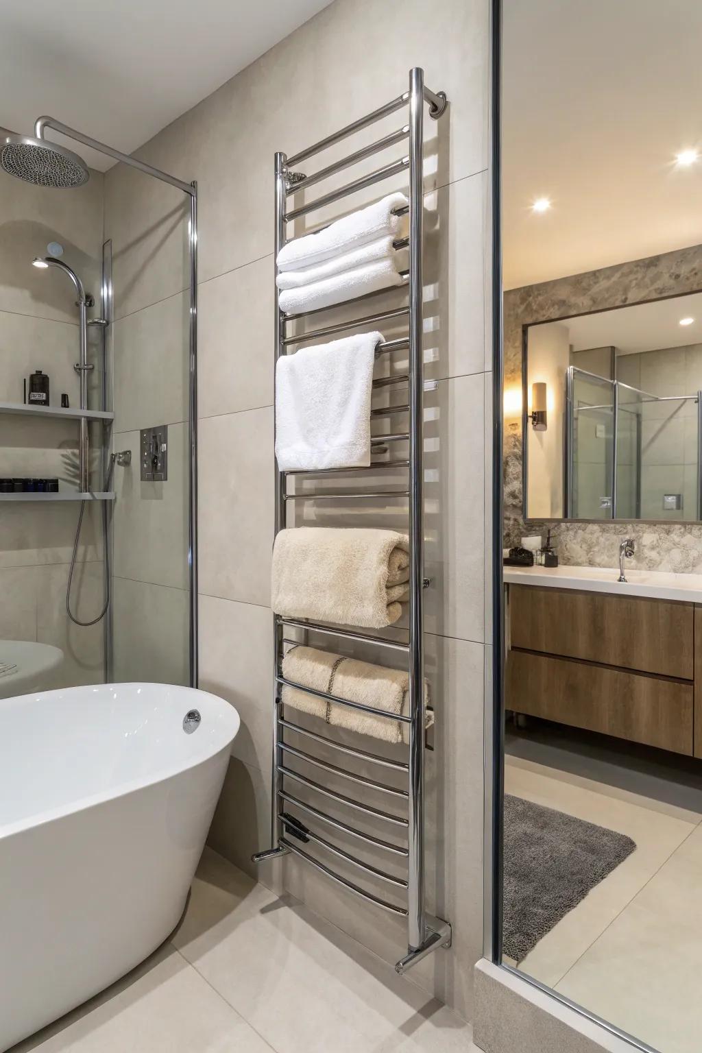 Wall-mounted racks provide a streamlined way to store towels in small bathrooms.