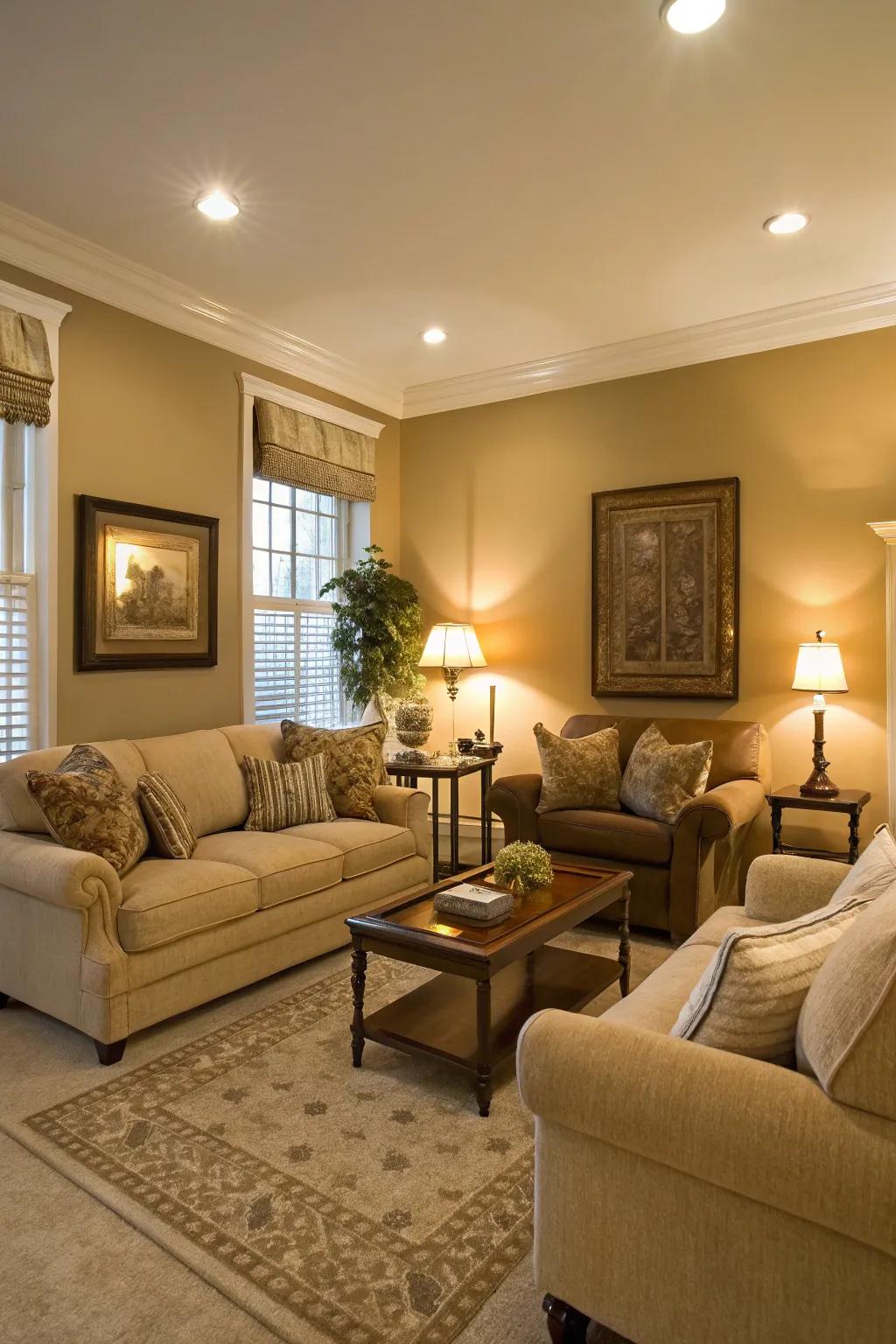 A living room in a home featuring a comfy color scheme of gentle neutral tones.