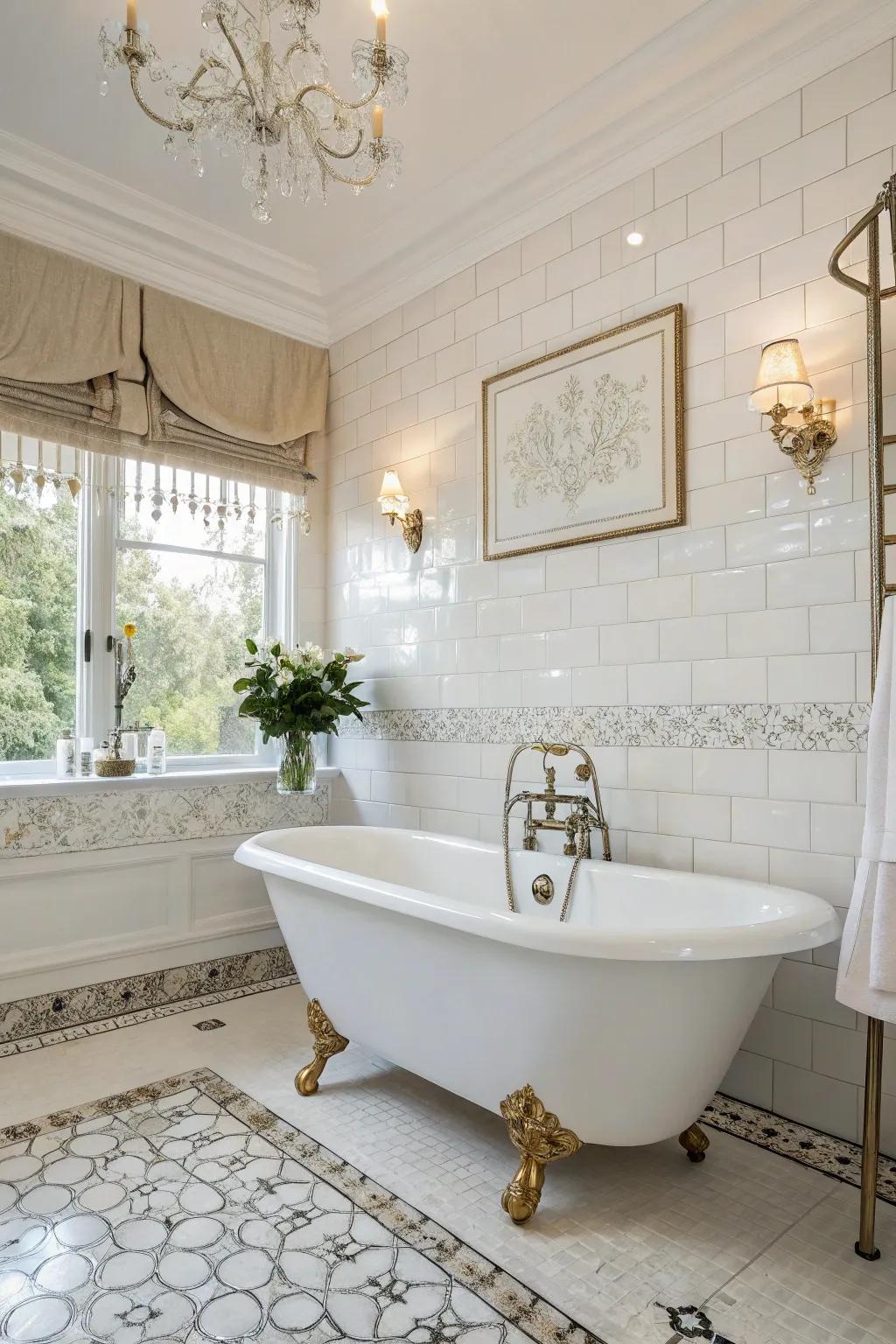 A chic white bathroom showcasing a standalone, claw-foot bathtub as the main feature.
