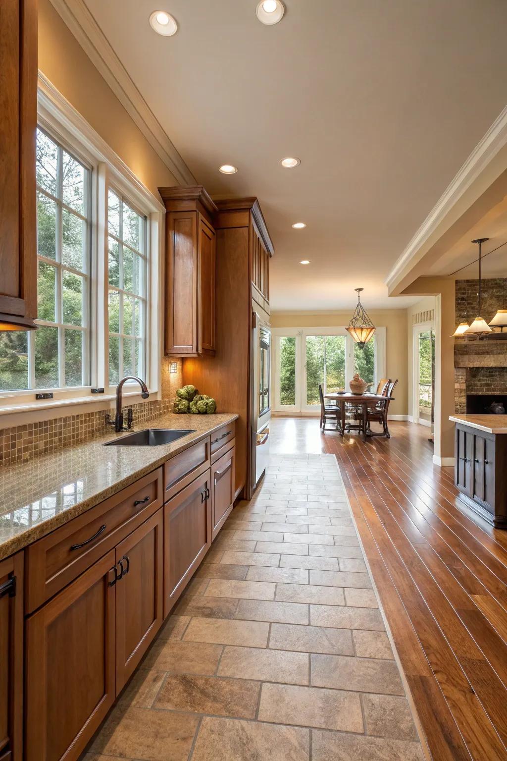 Experience seamlessness with wood-to-tile transitions.