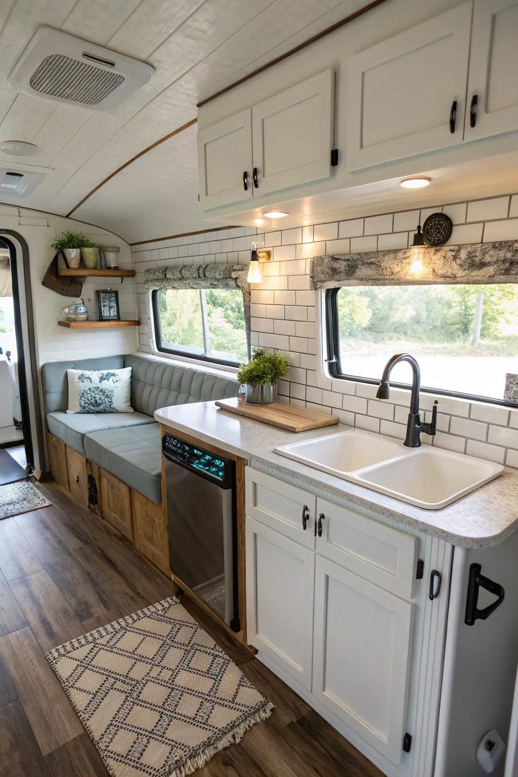 Classic white flat bricks introduce a neat and ageless aesthetic to your RV kitchen.