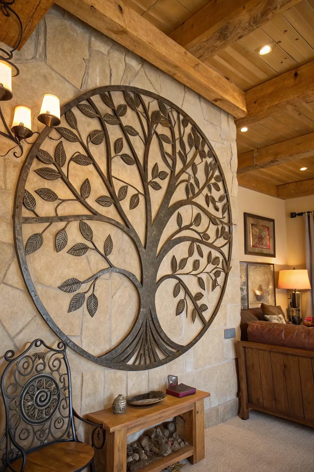 A detailed metallic Arbor Vitae wall art enhances a homey living space.
