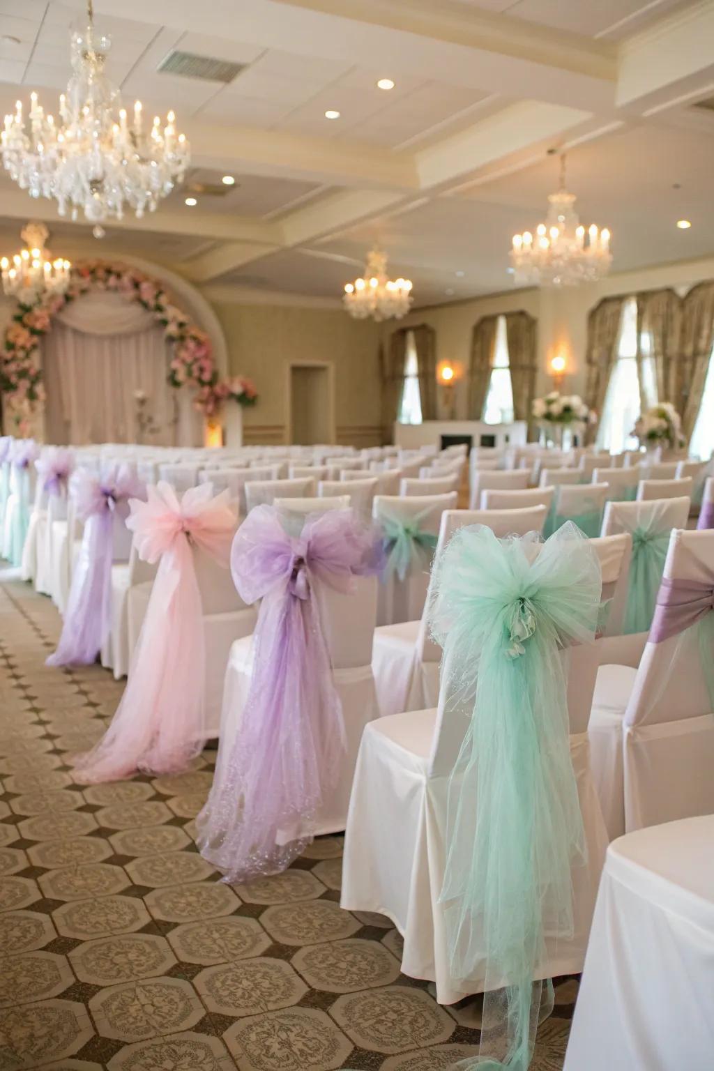Beautify your seating arrangement with enchanting fabric sheer embellishments.