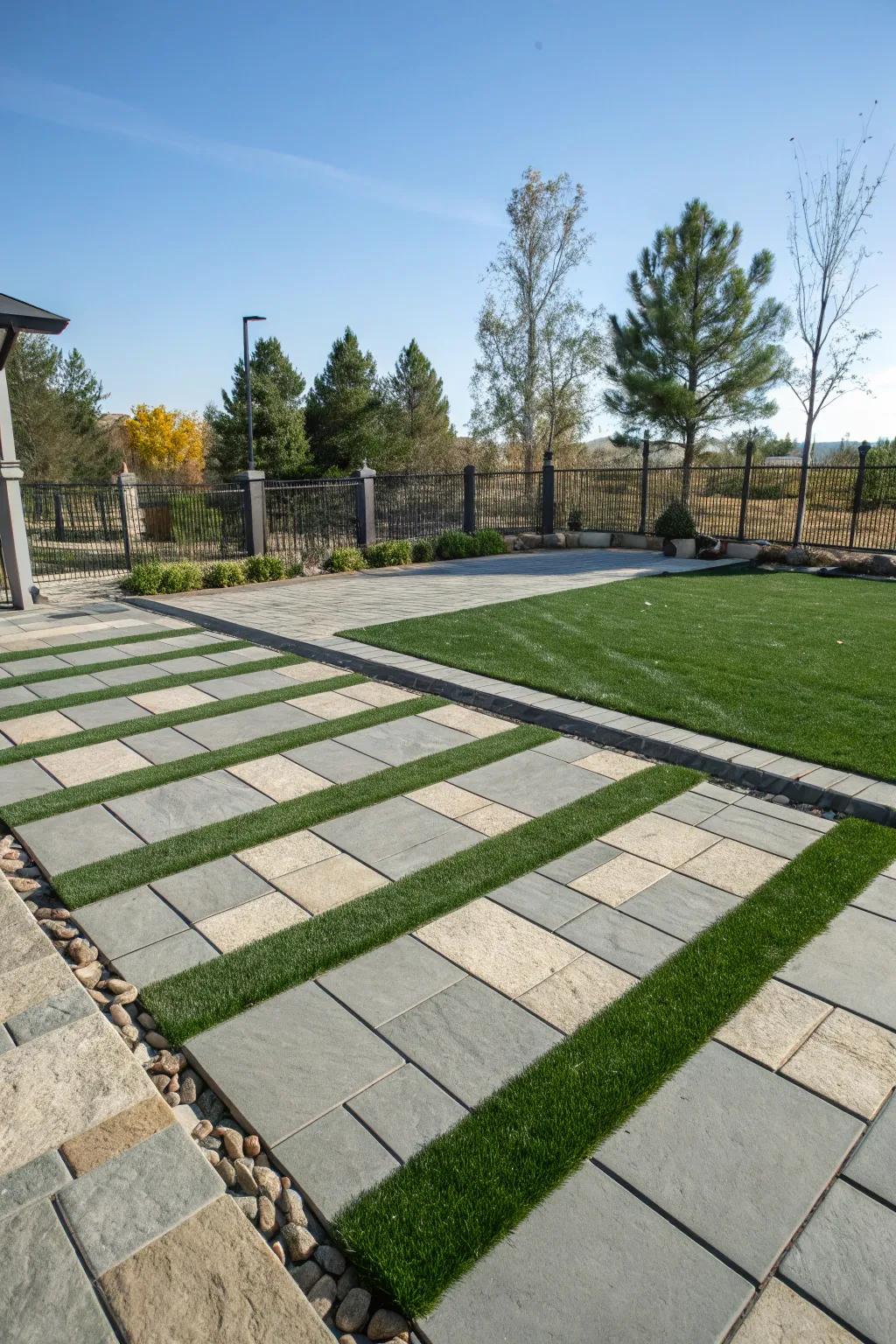 A cutting-edge patio that alternates sections of synthetic lawn with stone pavers.