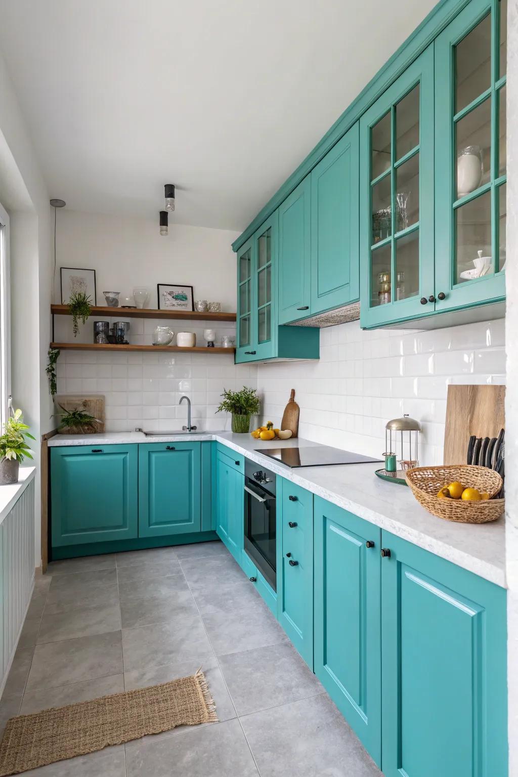 Turquoise cabinets prominently featured against a backdrop of neutral kitchen elements.
