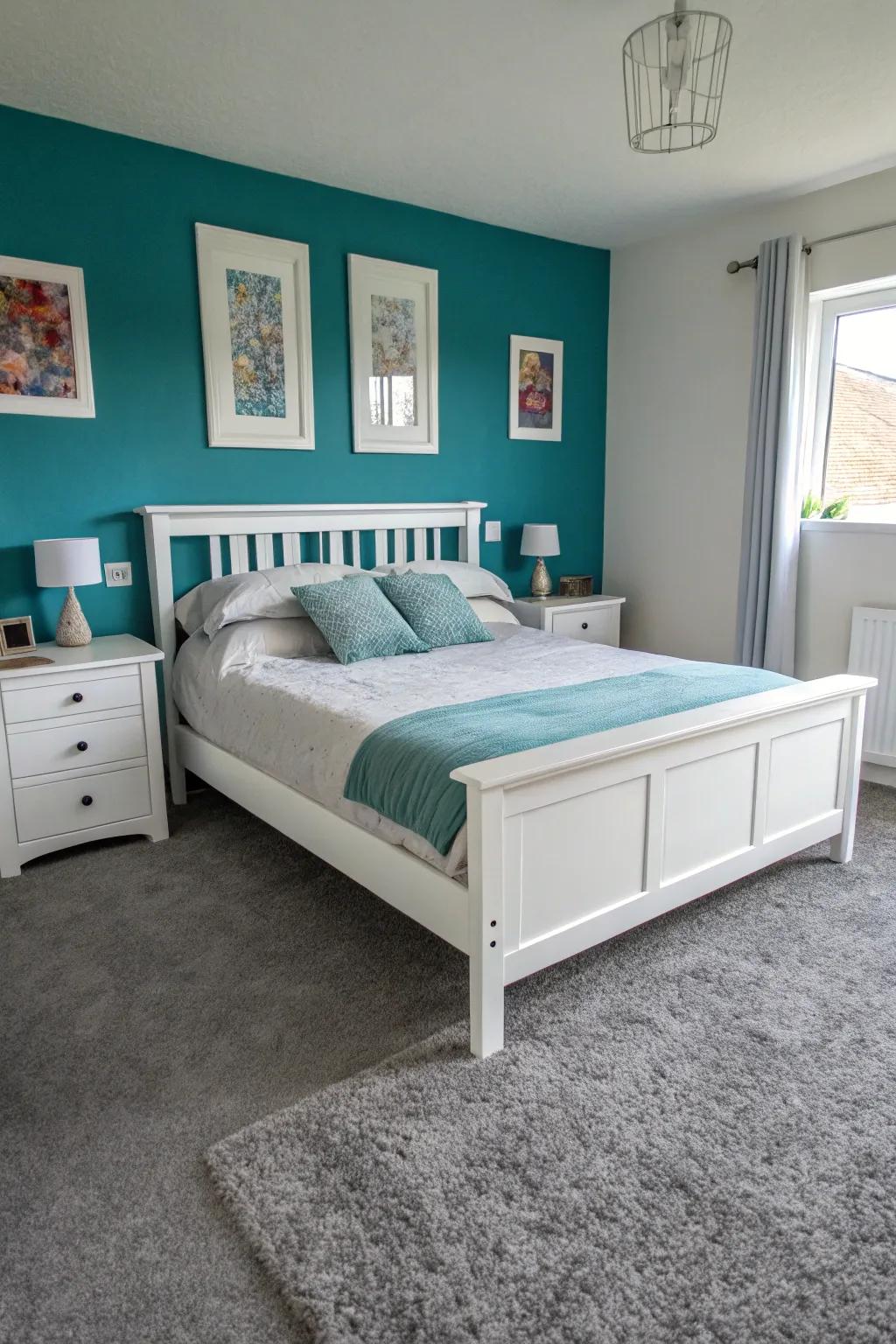 A vibrant teal accent wall paired with minimalist decor.