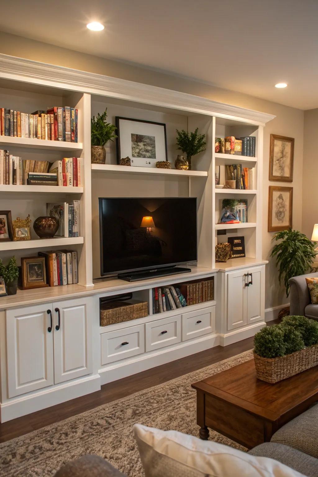 A welcoming living area showcasing a TV with integrated shelving.