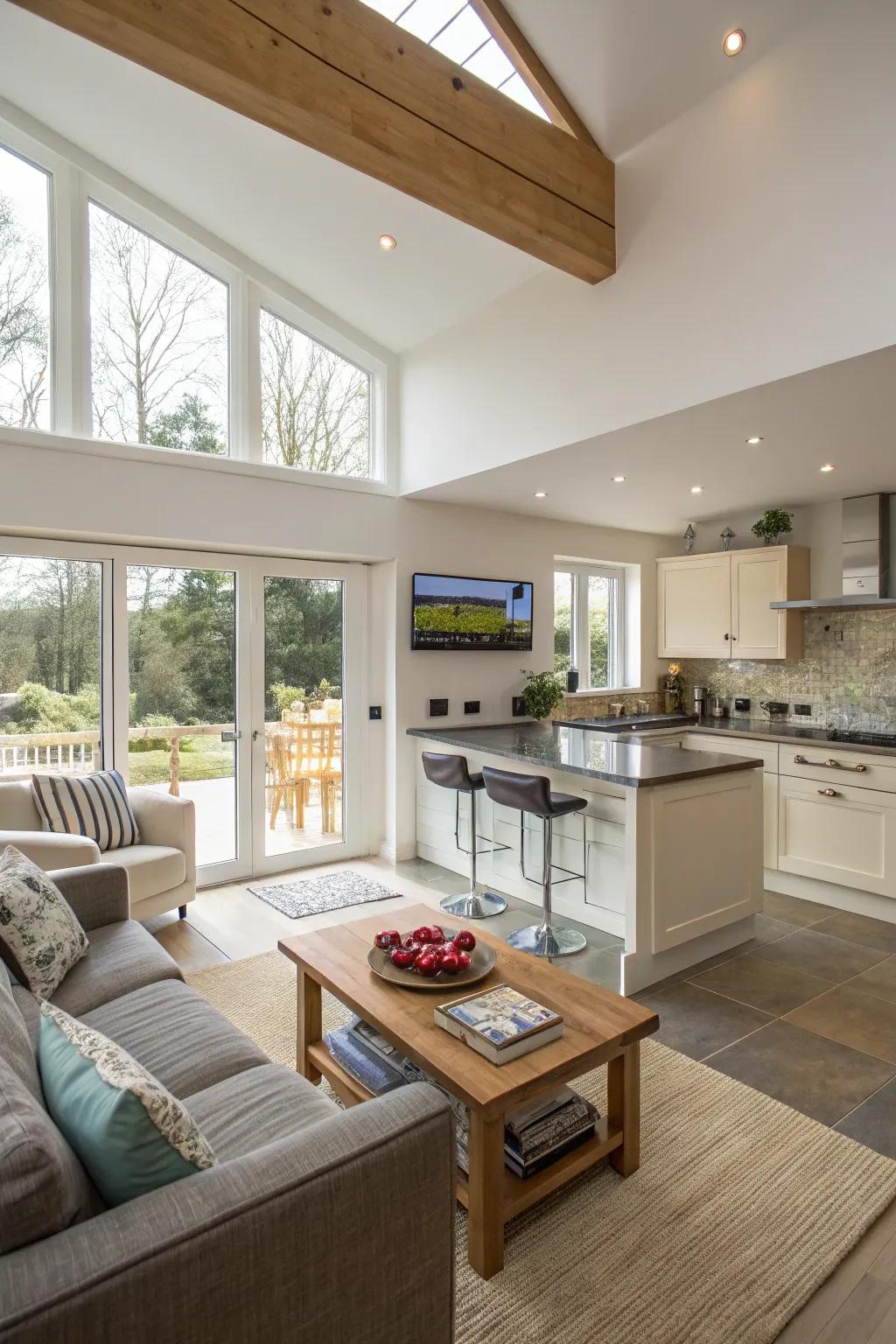 An open-plan kitchen featuring a television that’s visible from both the cooking and lounging spaces.