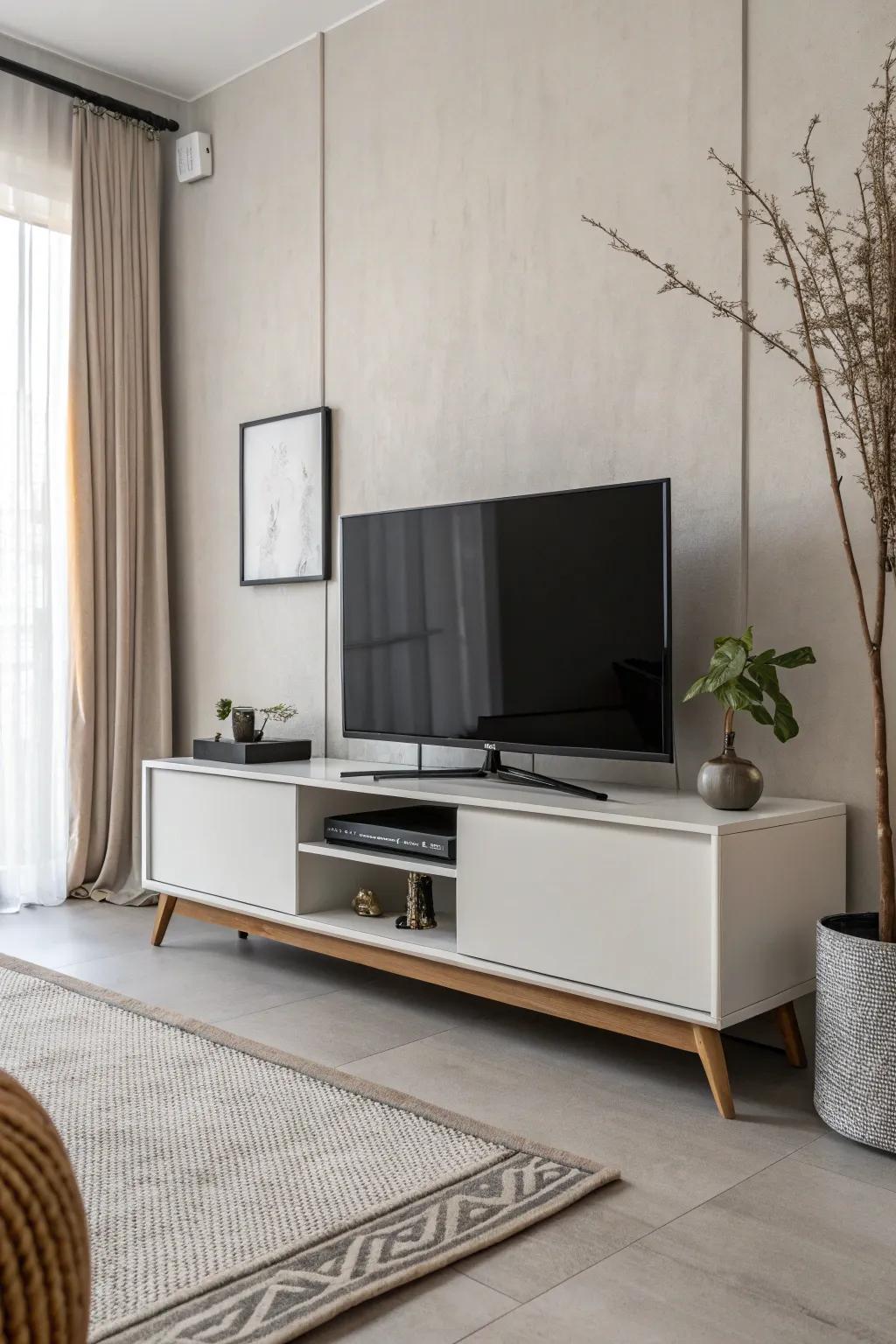 Simple TV stand arrangement featuring sleek lines and a muted palette.