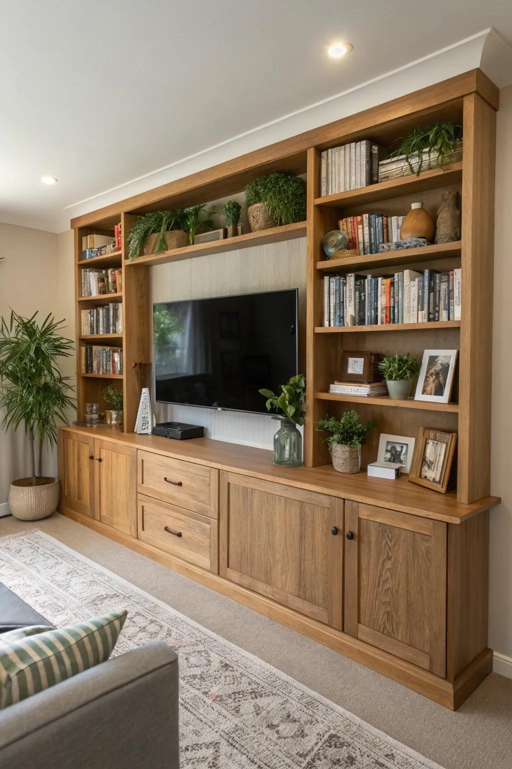 Integrated shelving infuses both grace and practicality into this TV wall.