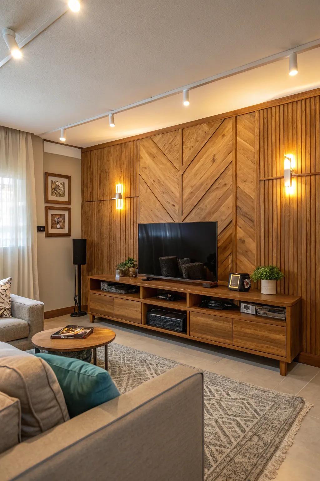 Reclaimed wood paneling adds a warm, rustic charm to this TV wall.