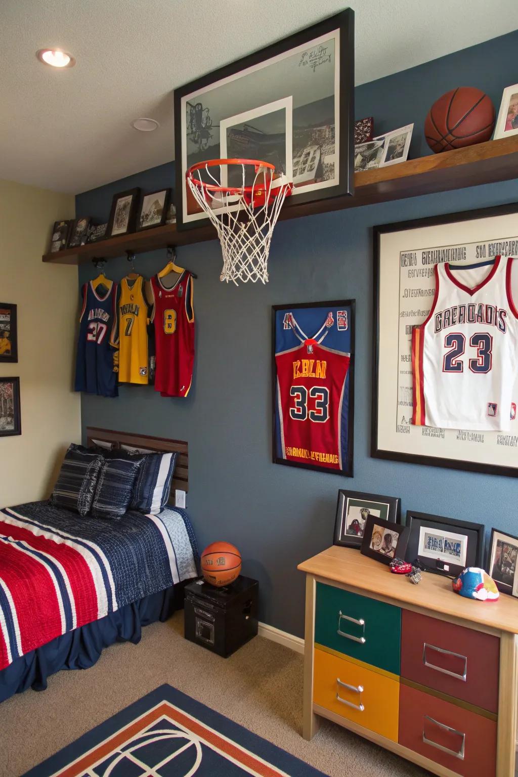 A sports-inspired bedroom featuring a basketball setup and related memorabilia.