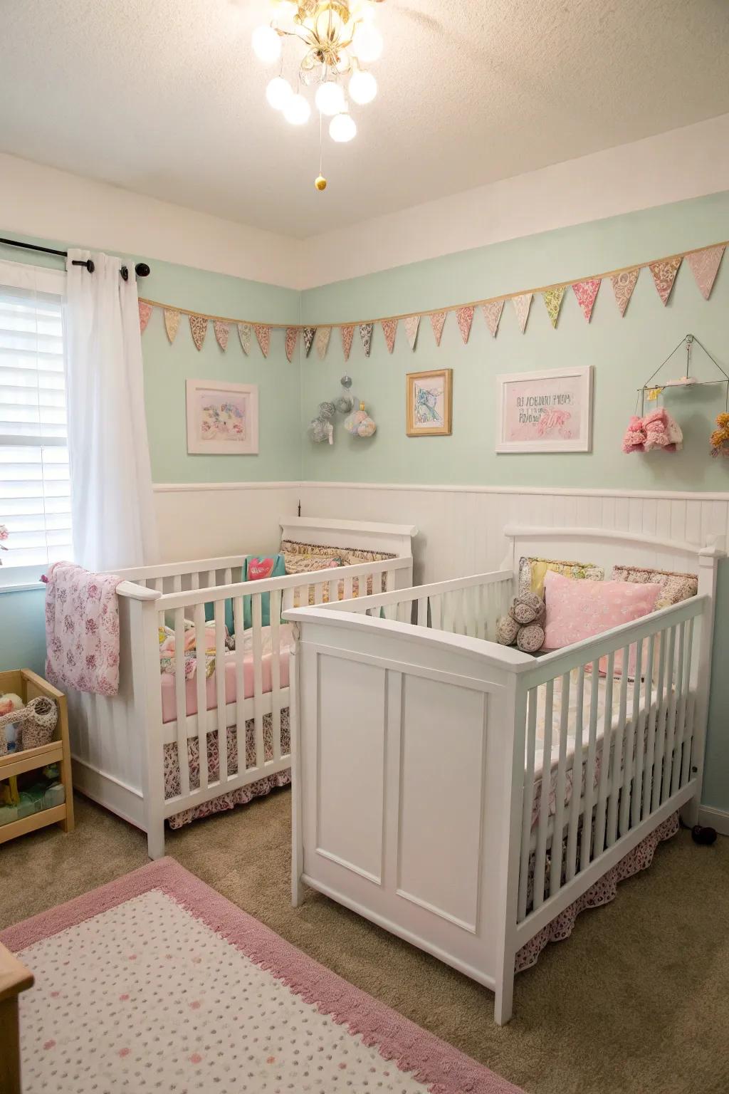A symmetrical setup of cribs helps create a balanced and tidy nursery.
