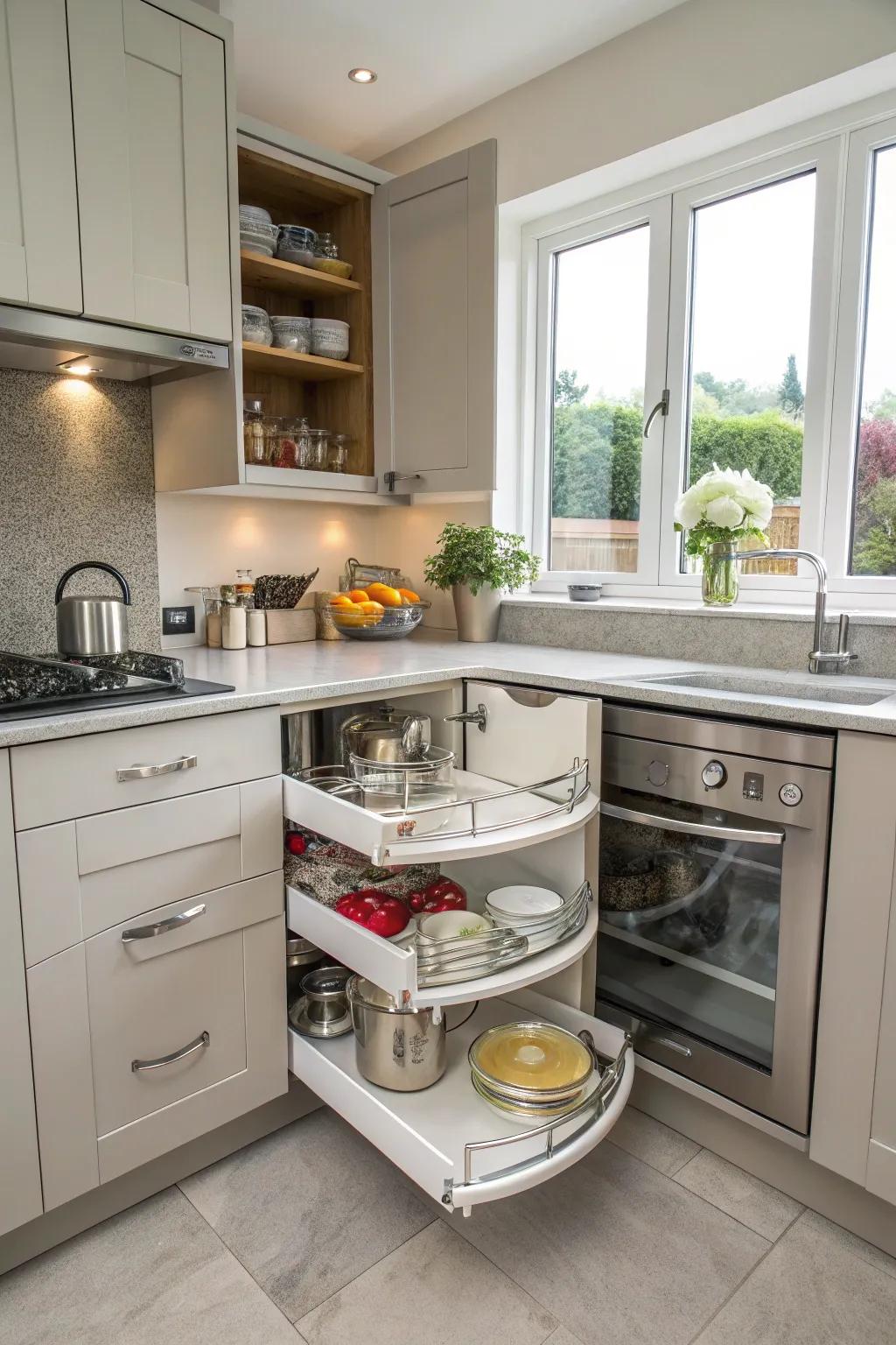 Intelligent corner implementations can turn tricky spots into useful storage solutions.