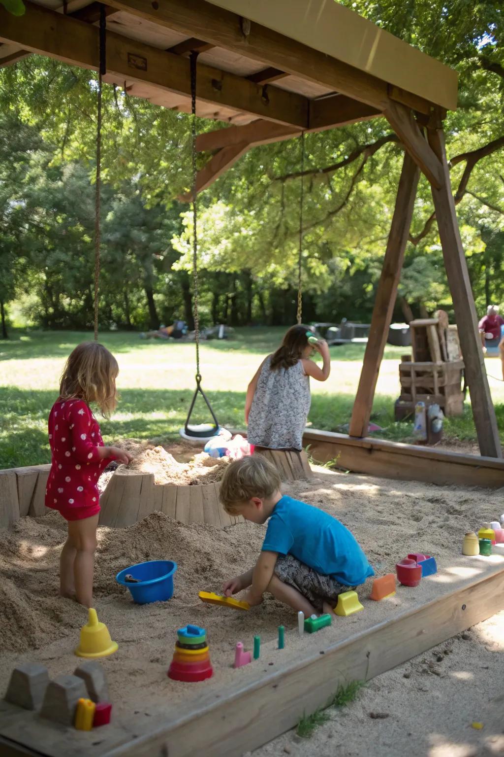 A humble sandbox converts the area into a hub of creative expression.