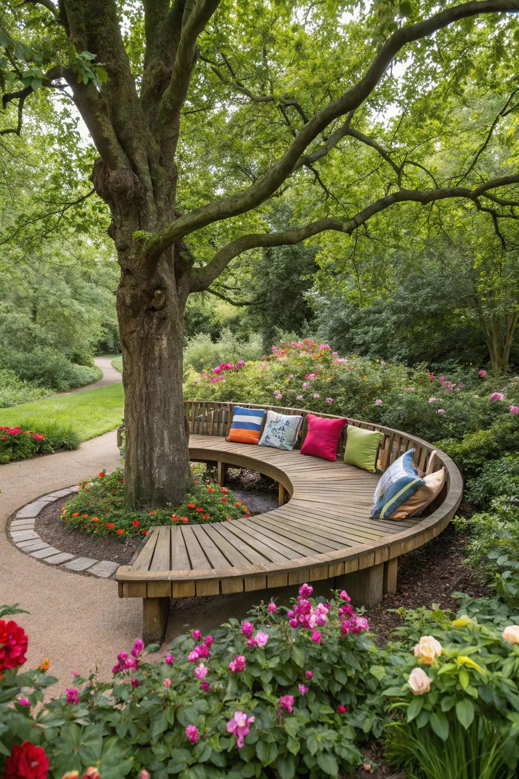 A wooden bench embraces the tree, encouraging you to sit and savor the friendship.